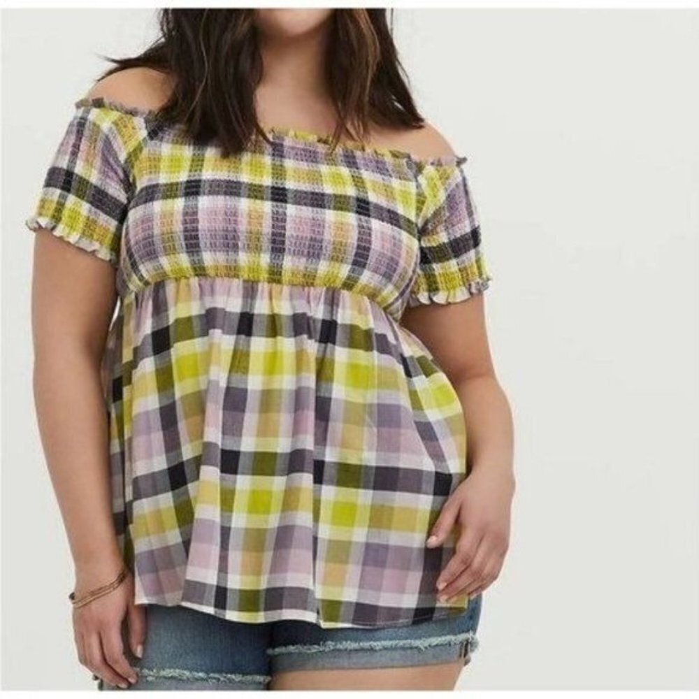 Torrid Multi Plaid Smocked Off The Shoulder‎ Peplum Top Lightweight 1X